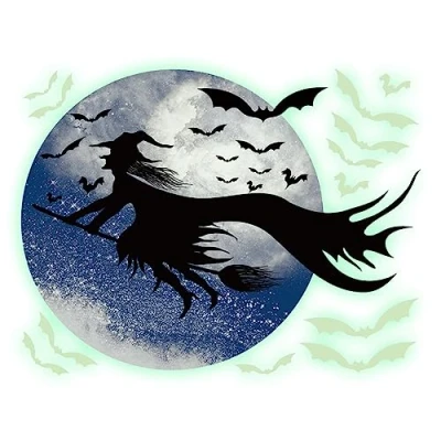 Image of Witch Glow Sticker in The Dark Decals Bats Decor,Horror Stickers, Wicked Clings for Window Wall, Halloween Party Supplies Favors Zorq