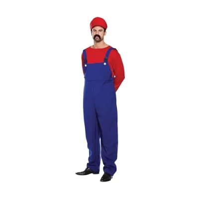 Image of HENBRANDT Adult Men’s Red Super Plumber Fancy Dress Costume XL Retro 1980s Videogame and Blue Overalls Moustache Brothers Workman Up Outfit One Size Extra Large