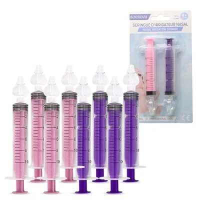Image of BORNOVA Baby Nasal Irrigation Syringe Infant Aspirator Nose Cleaner BPA Free Kit for Babies Sucker Hygiene Washing 10 ml 8 PCS (4 Purple + 4 Pink)