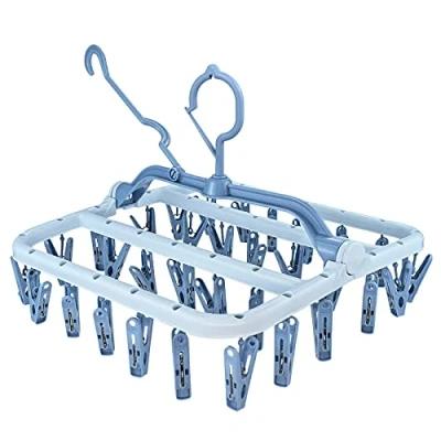 Image of Sock Drying Racks, Folding Laundry Hanger with 32 Pegs Clothes Rack, Wind proof Rack Hanging Dryer Airer for Socks Underwear Shoe Insoles Baby Gloves (Blue)