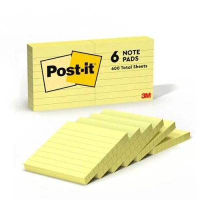 Image of Post it Notes Canary Yellow, Lined 6 Pads 76 mm x mm, 100 Sheets per Pad Extra Sticky for Walls, Monitors and Fridge
