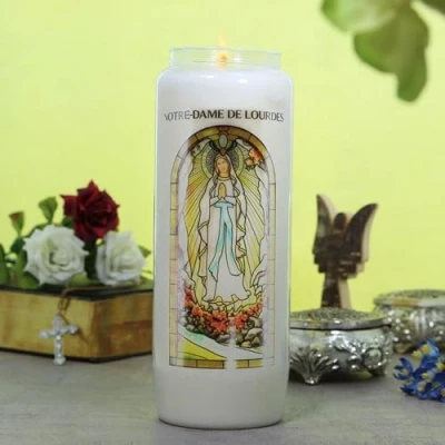 Image of Novena of Our Lady Lourdes with prayers on the back Candle Christian Cult in Vegetable Wax