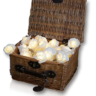 Image of The Glowhouse 30 LED White Rose Fairy Lights String Battery Operated Flower Premium