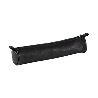 Image of Clairefontaine Ref 8324C Cuir&#039; Leather Small Round Pencil Case 18cm x 3.5cm, Made From Genuine Lambskin Leather, Metal Zip With Puller Black
