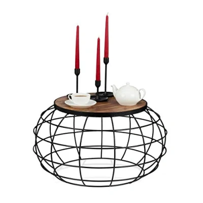 Image of Relaxdays Coffee Table, Mango Wood &amp; Iron, Round, Low, Living Room, Industrial Basket Stand, 36x67cm, Black/Brown