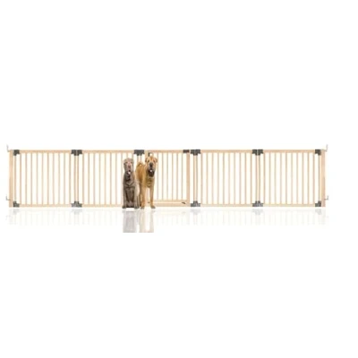 Image of Safetots Wooden Multi Panel Pet Barrier, Up to 416.5cm, Natural Wood, Flexible Room Divider with Door for Dog and Puppy, Easy Installation