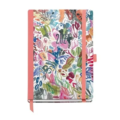 Image of Miquelrius Annual Planner 2024, Day Page, Journal Size 122 x 168 mm, Hard Cover, Stitched Binding, Elastic Closure, Spanish, English and Portuguese, Watercolor with Blue Stamping
