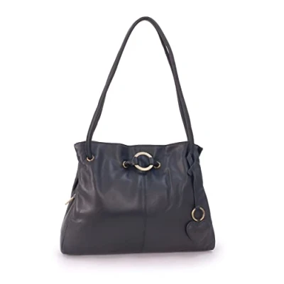 Image of Gigi Ladies Leather Shoulder Bag Medium Tote Handbag With Multiple Compartments Heart Keyring Charm OTHELLO 4323 Black