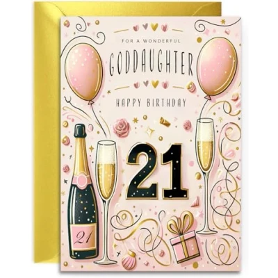 Image of Goddaughter 21st Birthday Card Champagne and Balloons design Elegant for Her Age 21 with lovely verse inside. A5 Gold Envelope