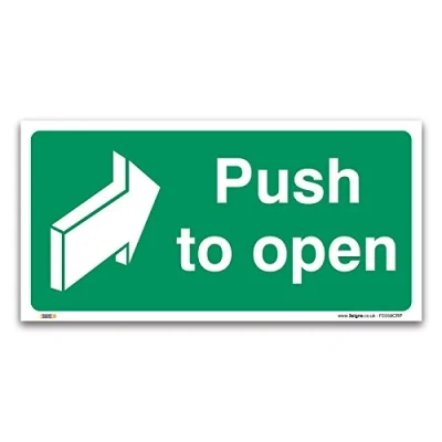 Image of Pack of 2 Push to open Fire exit Signs, 1mm Rigid Plastic 200x100mm, British Standard Safety Door Signs