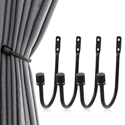 Image of 4 Pieces Metal Curtain Tiebacks, Black Holdbacks, Decorative Drapery Hooks, Arms Wall Mounted Tie Backs