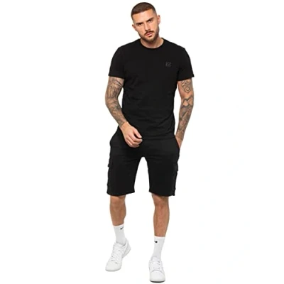 Image of 989Zé ENZO Mens Tracksuit T Shirt Shorts Set Regular Fit Plain Tee Crew Neck Top Casual Fleece Cargo EZTS603 &amp; EZSC602 BLACK L