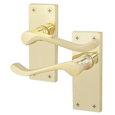 Image of EAI Polished Brass Victorian Scroll Door Handles 1 Pair of Internal Lever Latch on Backplate
