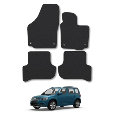Image of Rubber Car Mats Compatible with Skoda Yeti (2009 2017) Tailored Fit Floor Set Accessory Black Custom 4 Pieces Clips Anti Slip Backing, Heavy Duty &amp; Waterproof
