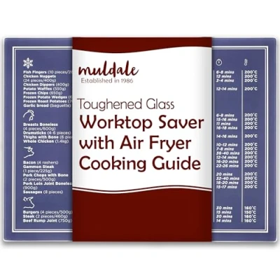 Image of Muldale Blue Air Fryer Chopping Board UK Conversion Chart Toughened Glass Worktop Saver Heat Resistant Cutting Vintage
