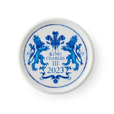 Image of Spode King Charles III Coronation single round 10cm Coaster, Blue &amp; White Pattern UK made