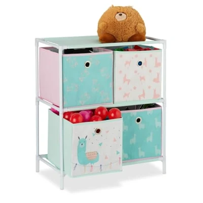 Image of Relaxdays Children’s Shelf with 4 Boxes, Toy Storage Stand, For Boys &amp; Girls, Cute Lama Design, Colourful
