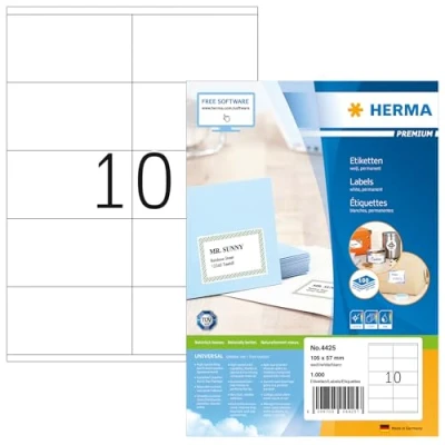 Image of HERMA Self Adhesive Multipurpose Labels, 10 Labels per A4 Sheet, 100 Sheets, 105 x 57 mm, 1000 Blank Universal Stickers, Sticky for Laser &amp; Inkjet Printer, White