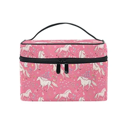 Image of Makeup Bag, Unicorn Floral Pattern Print Cosmetic Toiletry Storage Large Travel Handle Personalised Pouch with Compartments for Teenage Girl Women Lady Pink
