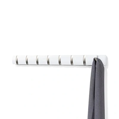 Image of Umbra Flip 8 Hook Wall Mounted Coat Rack, Modern, Sleek, Space Saving Hanger with Retractable Hooks to Hang Coats, Scarfs, Purses and More, White/Nickel