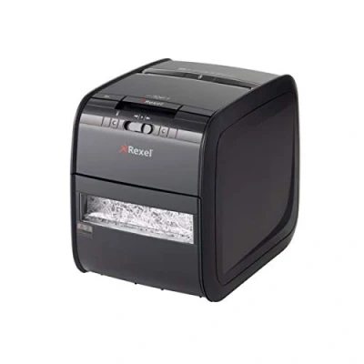 Image of Rexel Auto+ 90X Auto Feed 60 Sheet Cross Cut Shredder for Home or Office (Occasional use), 20 Litre Bin, Includes Oil Sheet, Black, 2103080A