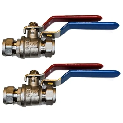 Image of TC Pack of 2 x 15mm Lever Ball Valve Full Bore Compression Isolation Red/Blue Dual Handle Shut Off Isolating Flow WRAS Approved
