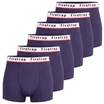 Image of Firetrap Mens 6 Pack Designer Boxer Shorts, Underwear Gift Set Trunks Comfortable Stretch Cotton Plain Colours Briefs All Blue S