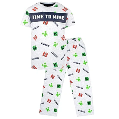 Image of Minecraft Boys Pyjamas Short Sleeve Pyjama Set &#039;Time To Mine&#039; Grey Pjs Creeper Clothes Birthday Boy Gifts Age 9 10 Years
