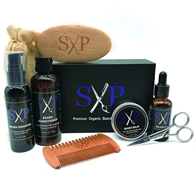 Image of SP Beard Grooming Kit w/Beard Oil, Balm, Brush, shampoo, conditioner, Comb, Scissor,Linen Storage Bag, Growth Care Gifts for Men