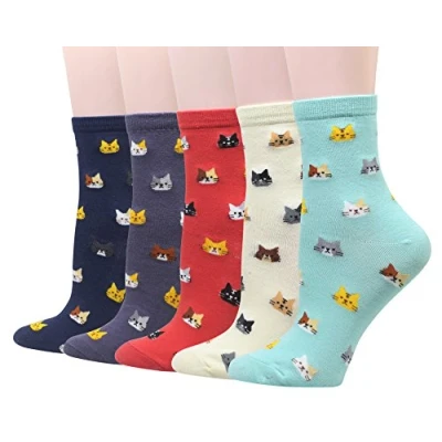 Image of Cansok Women Animal Novelty Dress Crew Socks (All over Cat Face 5 pairs)