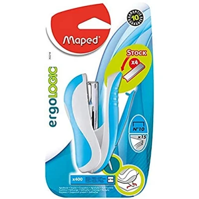 Image of Maped Ergologic Pocket Stapler for No. 10 Staples with Staple Reserve and Integrated Remover, Delivered 1 Box of 400 Blue