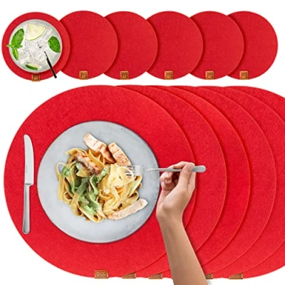 Image of Miqio® Design Place Mats Set of 6 with Glass Underlays Felt Washable and Coasters Mat Red
