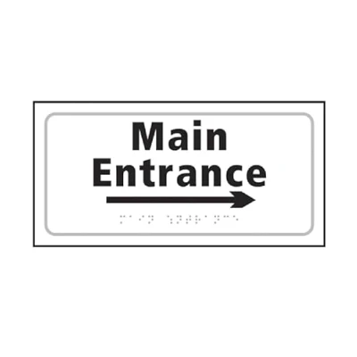 Image of Main Entrance Arrow Right Braille Sign, Self Adhesive Tactile, White (300mm x 150mm)