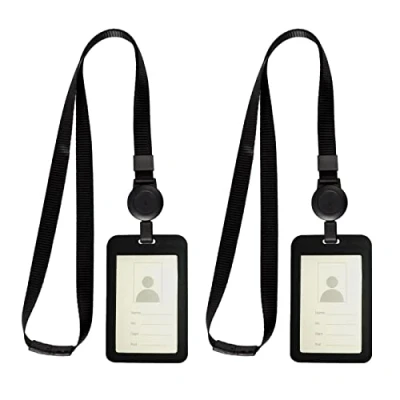 Image of ID Card Holder, Badge Holder with 1 Plastic Clear Name Window and Soft Flat Nylon Neck Lanyard Attaches Retractable for Staff Card, Student (2 Pack, Black)