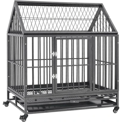 Image of vidaXL Dog Cage with Wheels and Roof Steel 92x62x106 cm