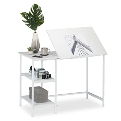 Image of Relaxdays Tilting, 3 Shelves, Several Angles, Computer &amp; Work Desk, HWD: 75 x 110 55 cm, White, PB, iron