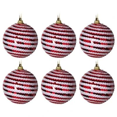 Image of Round Swirl Sequin Christmas Tree Baubles Red White Candy Cane Set of 6