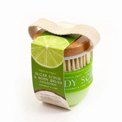 Image of Tropical Fruits Gentle Exfoliating Sugar Scrub &amp; Brush Coconut and Lime 150g