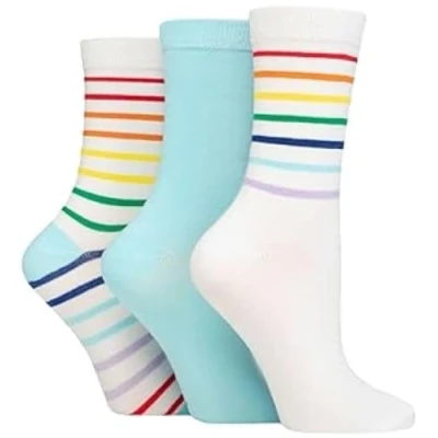 Image of Women&#039;s 3 Pair SOCKSHOP Wildfeet Patterned Bamboo Socks Rainbow Stripe White 4 8