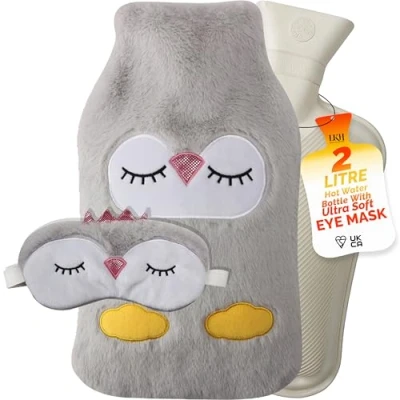 Image of LKH Hot Water Bottle with Cover UK &amp; Soft Eye Mask 2L Includes Bag for Cold Compress Washable Knitted Relieves Body Aches Pains Ideal GFT Her