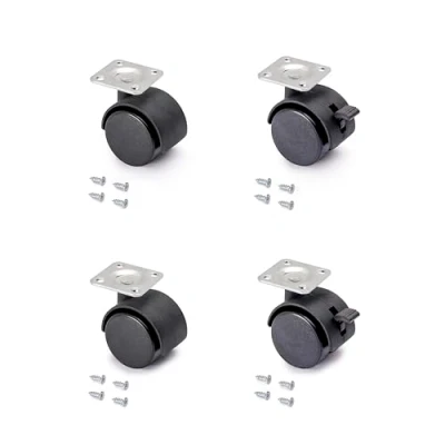 Image of Emuca Pack of 4 black swivel castors for furniture (2 with brake and 2 without brake) 40mm diameter fixing plate ball bearings