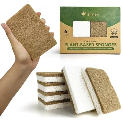 Image of AIRNEX Biodegradable Washing Up Sponge Pack of 6 Natural Cellulose and Coconut Kitchen Sponges Heavy Duty Non Scratch Eco Scourers Multipack for Dishes, Pots Pans