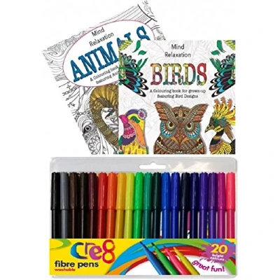 Image of Martello Animals &amp; Birds Colouring Set of 2 Books and 18 CR8 Fibre Tip Pens