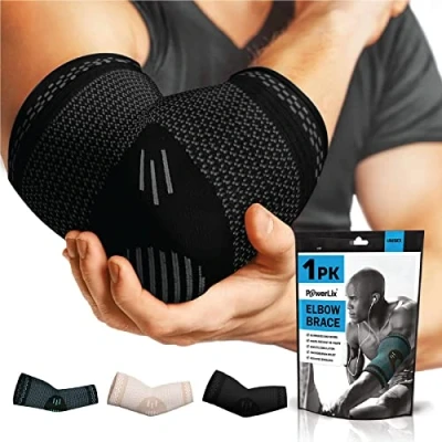 Image of POWERLIX Elbow Brace Compression Support Sleeve for Tendonitis, Tennis and Golfers Treatment, Arthritis, Workouts, Weightlifting Reduce Pain (Black, M)