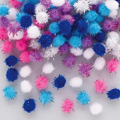 Image of Baker Ross AX432 Christmas Self Adhesive Pom Poms Pack of 150, Craft Embellishments, Ideal for Winter Arts and Crafts Projects