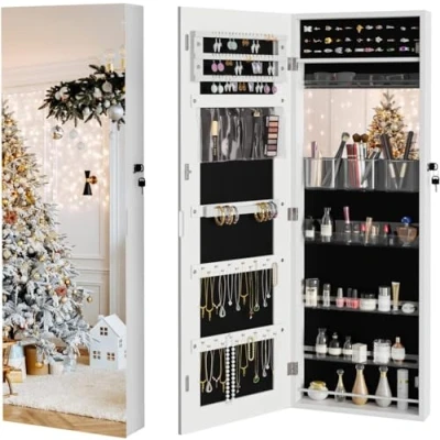 Image of Dripex White Jewelry Organiser Mirror Wardrobe, Wall Mounted &amp; Door Hanging Mirror, Lockable Wardrobe with Large Storage