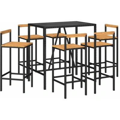 Image of vidaXL 7 Piece Garden Bar Set Black Poly Rattan&amp; Solid Wood Acacia