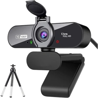 Image of Webcam, 1080P Pro HD Webcam with Stereo Microphone, 110 Wide Angle, Privacy Cover, Tripod, for Conferencing, Live Streaming, Recording, Compatible Skype/Zoom/YouTube