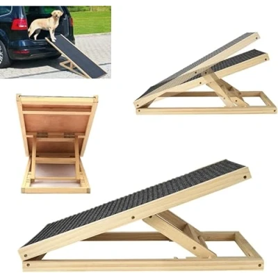 Image of Solid Wooden Pet Ramp Car Dog Ladder for Large Dog, Folding Frame with Anti Slip Carpet, Adjustable 2/4 Heights (70x35x30/40cm(LxWxH))