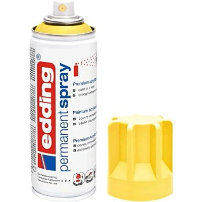 Image of edding 5200 permanent spray traffic yellow matt 200 ml acrylic paint for painting and decorating glass, metal, wood, ceramic, plastic, canvas aerosol spray,